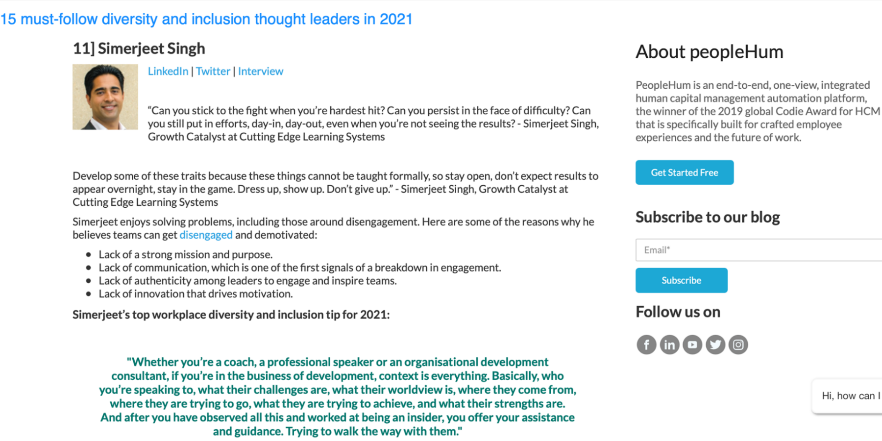 Simerjeet Singh listed on top 15 must-follow Diversity and Inclusion Thought Leaders in 2021 by peopleHum