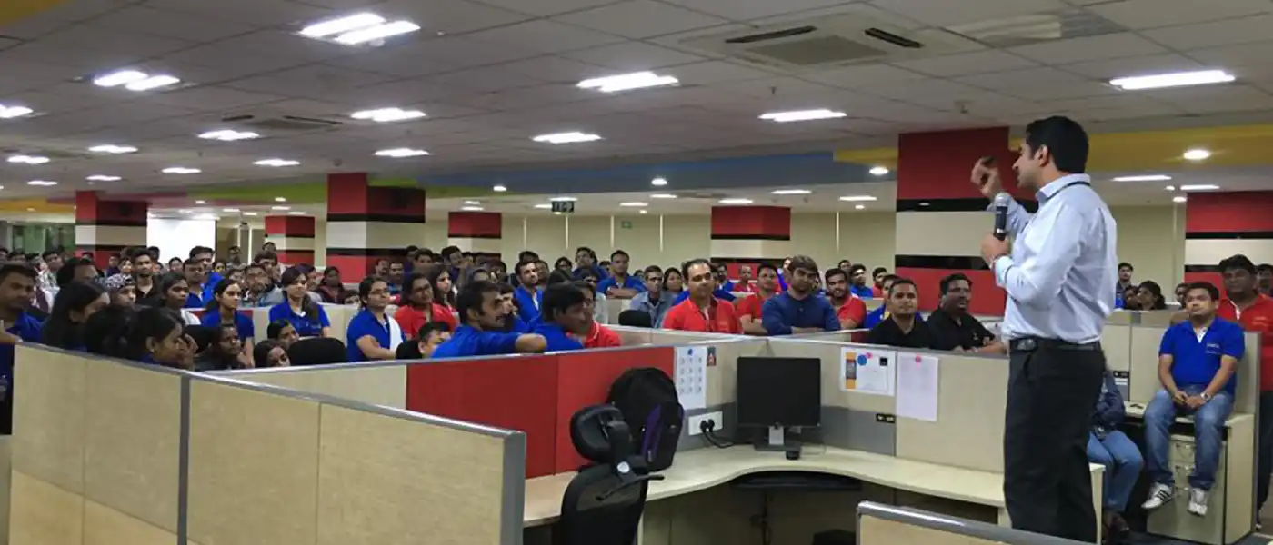 Simerjeet Singh, famous motivational speakers in India, delivers a motivational talk inside the office.